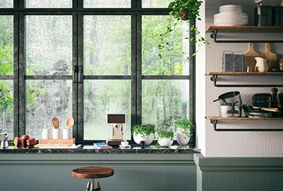 picture home kitchen window with green wooden finish.